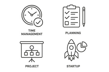 Aufkleber - Business startup and project management vector icon set. Thin line icons for web and mobile apps. Concepts of time management, planning, strategy, and new business launch.