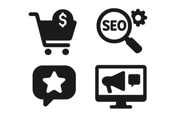 Poster - Digital marketing icon set for web and mobile. Solid glyph collection for e-commerce, sales, SEO, business feedback, analytics, ads, communication and content strategy.