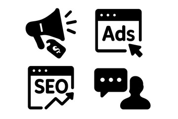 Fototapete - Digital marketing icon set for web and mobile apps. Solid glyph icons for e-commerce, sales, SEO, online ads, business analytics, customer feedback, and communication concepts.