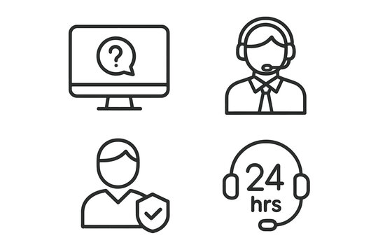 Customer service icon set in thin line style. Help and support collection. Call center operator, online assistance, 24-hour service, and user security outline pictograms.