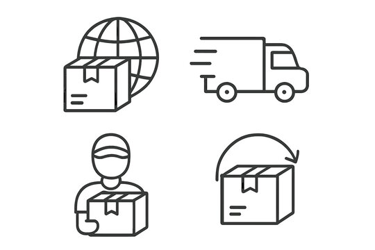 Delivery and logistic icon set. Line style web icons for shipping services. Vector pictograms for courier, fast truck, worldwide delivery, and package return.