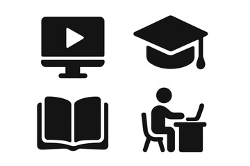 Fototapete - E-learning and online education icon set. Solid glyph symbols for web and mobile app. Concept of video tutorial, graduation cap, student at desk, study book, webinar.