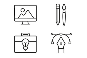 Poster - Graphic design icon set in thin line style. Vector symbols for creative process, digital art, and drawing tools. Portfolio, pen tool, and monitor for web and mobile app.