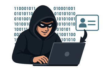 Poster - Hacker attack and web security concept. Cyber criminal in hood stealing personal data. Internet phishing, privacy, malware, and fraud. Anonymous spy with laptop. Binary code.