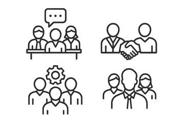Poster - Business line icon set. Teamwork, meeting, and leadership icons. Partnership, deal, and agreement handshake. Corporate collaboration, management, and human resources symbols.