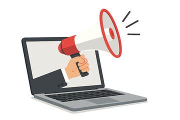 Fototapete - digital marketing metaphor. hand with megaphone from laptop. concept for internet promotion, online 