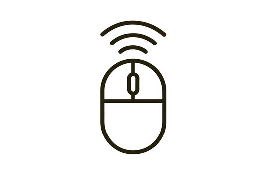 Wireless computer mouse icon with signal waves. Flat linear vector illustration for technology concepts, web design, UI. Office equipment, PC peripheral, connectivity symbol.