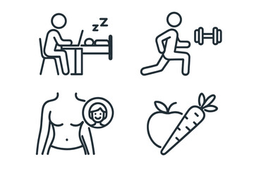 Aufkleber - Healthy lifestyle line icon set. Concepts for work life balance, sleep, and rest. Physical activity, exercise, gym, and fitness. Healthy food, nutrition, diet, and body care.