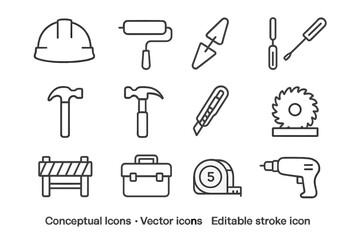 Poster - Construction tools icon set. Build, repair, and DIY concept. Vector line icons for web and apps. Includes hammer, drill, hard hat, saw, and toolbox. Editable stroke.