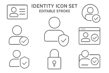 Poster - User identity verification and security icon set. Thin line icons for authentication, access control, and personal data protection. Verified account, ID card, login symbols.