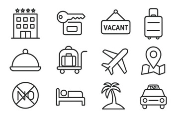 Poster - Hotel and travel line icon set. Vector icons for booking, accommodation, and vacation services. Tourism, holiday, and transport concepts in a thin outline style. Editable stroke.