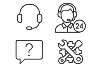 Poster - Customer support icon set. Call center operator, 24-hour service, FAQ, and technical help. Vector line icons for contact us, hotline, and repair services. Editable stroke.