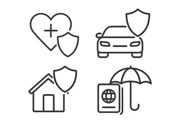 Fototapete - Insurance icons set. Health, life, property, car, home, and travel insurance symbols. Vector line pictogram collection for web and mobile app. Assurance and protection concept.