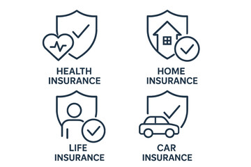 Poster - Insurance icons set. Health, life, car, home protection concept. Vector linear symbols for property, auto, and family safety. Editable outline graphic elements for web, app.