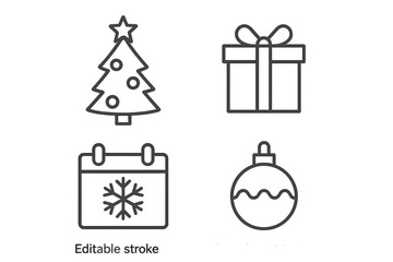 Fototapete - Christmas holiday new year line icon set. Winter celebration outline vector icons. Xmas tree, gift box, winter calendar, bauble ornament. Editable stroke for web design.