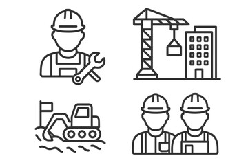 Fototapete - Construction icon set for building industry and real estate. Line art symbols for web and mobile apps. Engineer, worker, crane, excavator, and teamwork vector pictograms.