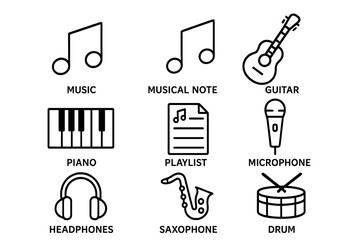 Poster - Vector music icon pack in thin line art style. Conceptual symbols for websites, applications. Guitar, piano, microphone, headphones, saxophone, drum, playlist, music note.