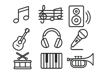 Poster - Music icon set. Vector musical instruments and audio equipment collection. Simple line art symbols for web and apps. Sound pictogram pack. Guitar, piano, drum, trumpet, mic.