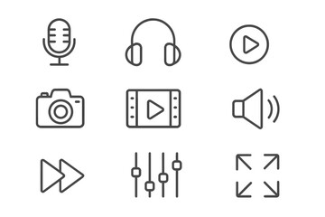 Poster - Media player line icon set. Multimedia outline pictograms for web and mobile app. Audio, video, photo and music symbols. Editable stroke vector graphic for interface design.