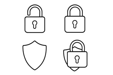 Aufkleber - Padlock and shield line icon set for security and protection concepts. Vector outline symbols for lock, unlock, safety, privacy, and cybersecurity. Simple web interface icons.