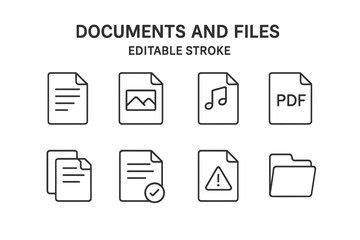 Fototapete - Document and file line icon set. Thin outline symbol collection for web and app ui. Editable stroke vector graphic. Contains pdf, image, audio, approved, warning, folder icons.