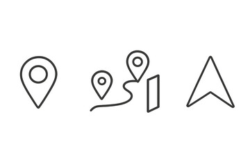 Aufkleber - Location pin, route, and navigation line icons. Vector icon set for GPS, direction, destination, and travel. Outline map pointer, path, and arrow for web and mobile apps.