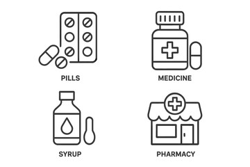 Poster - Pharmacy and medicine icon set. Thin line vector symbols for pills, capsules, syrup, and drugstore. Healthcare and pharmaceutical concepts for web, app design. Editable stroke.