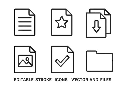 File and document management icon set. Thin line vector icons for web and app design. Includes download, favorite, image, approved document, and folder. Editable stroke.
