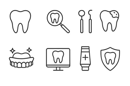 Dentistry icon set for dental care. Linear icons for oral hygiene and stomatology. Tooth, caries, checkup, treatment, protection, denture, toothpaste, and dental tools vector.