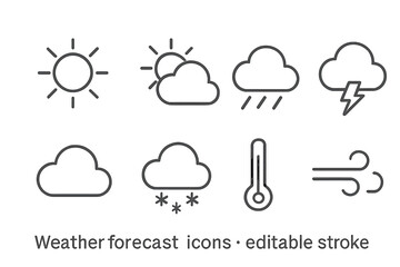 Fototapete - Weather forecast line icon set. Meteorology outline symbol collection. Vector illustration for app and web design UI UX. Sun, cloud, rain, snow, storm, wind, temperature. Editable stroke.