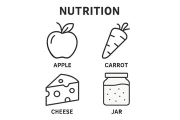 Poster - Food and nutrition icons set. Vector outline collection with apple, carrot, cheese, jar. Healthy eating, diet, grocery, cooking ingredients concept. Simple line art for web. Editable