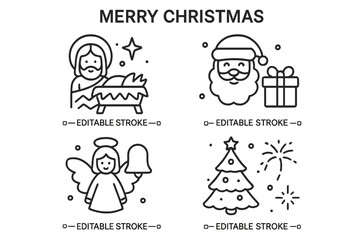 Poster - Merry Christmas icon set. Line art collection. Nativity scene with baby Jesus, Santa Claus, gift box, angel with bell, and xmas tree. Editable stroke vector symbols for winter holiday.