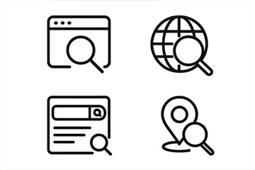 Poster - Search icon set. Web browser, internet globe, data results, map pin location. Vector line icons for SEO, find, research, and analysis. Magnifying glass symbol collection.