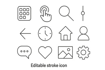 Fototapete - Minimalist Line Icon Set for User Interfaces—Touch, Search, Navigation, Clock, Home, Profile, Chat, Heart, Gallery, Settings. Editable Stroke. Vector Outline for Web and App Design.
