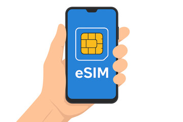Fototapete - hand holding smartphone with esim chip icon. embedded sim card technology concept. new mobile commun