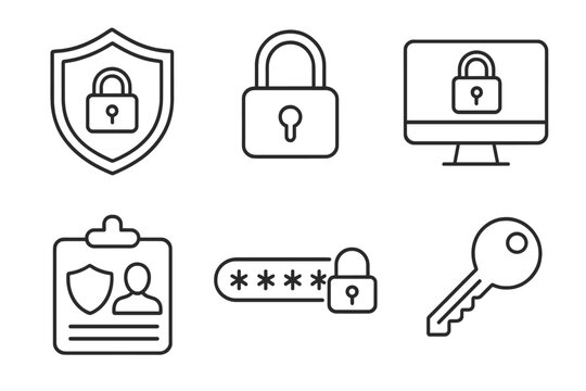 Cybersecurity Protection Icons Set. Outline Lock, Password, Shield, Key, Identity Verification, Data Security, Privacy Symbol. Linear Thin Line Vector Icons for Websites, Applications, Digital Access