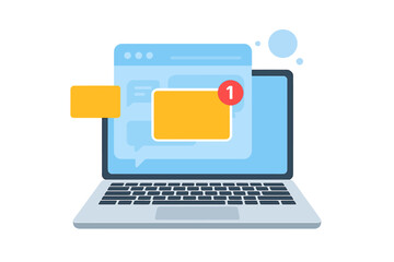 Poster - New message on the laptop screen. Unread email notification in the inbox. Online chat and e-mail marketing concept. Internet communication technology vector illustration.