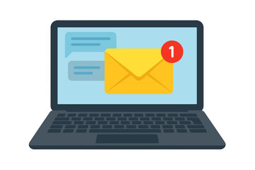 Poster - New message notification on laptop screen. Unread email in inbox with alert counter. Online chat, correspondence and e-mail marketing concept. Vector illustration flat design.