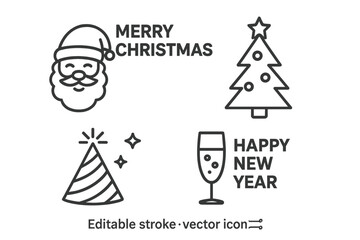Poster - Christmas and New Year line icon set. Santa Claus, Xmas tree, party hat, champagne glass. Winter holiday celebration symbols. Vector illustration for web, mobile app.