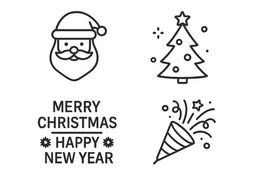 Christmas and New Year line icon set. Santa Claus, Xmas tree, and party popper icons. Vector symbols for web, mobile app. Winter holiday celebration graphic elements.