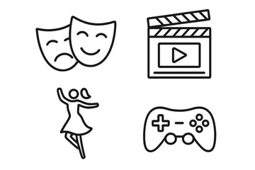 Fototapete - Entertainment and lifestyle icon set. Thin line art collection for web and mobile app design. Includes theater masks, cinema clapperboard, dancing, and video game controller symbol.