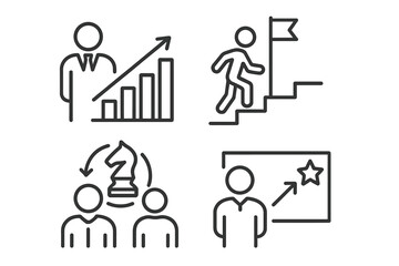 Aufkleber - Personal growth and business success icon set. Career progress, leadership, and profit growth symbols. Strategy, ambition, and goal achievement vector line icons for web.
