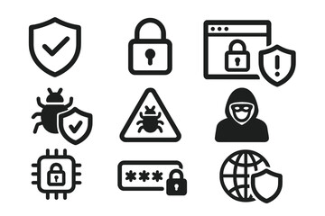Fototapete - Cyber security and internet protection vector icon set. Web and mobile app symbols for data privacy, antivirus, network safety, and virus defense. Includes hacker, lock, and shield.