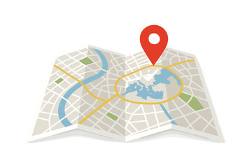 Poster - Folded paper city map with red pin icon. Map with navigation and geolocation symbol. Finding the way concept. World map with point marker. Navigation and GPS location.