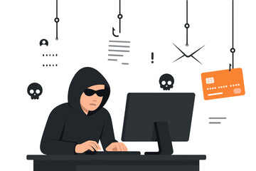 Aufkleber - Hacker at computer stealing data. Cyber crime concept. Phishing scam, internet fraud. Man in hoodie stealing password, login, and credit card information. Cybersecurity threat.