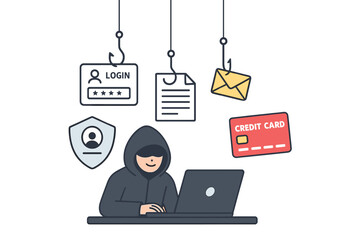 Fototapete - Hacker phishing for private data. Cyber criminal stealing login, password, credit card info. Internet security fraud, online scam concept. Man in hoodie at laptop vector.