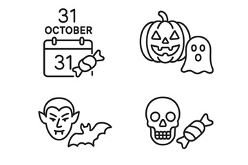 Fototapete - Halloween thin line icons set. Editable stroke vector pictograms collection. Spooky holiday symbols: pumpkin, ghost, vampire, skull, bat, candy, October 31 calendar.