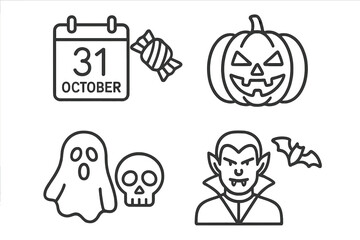 Fototapete - Halloween linear icons set. Holiday party outline collection. Spooky pumpkin, ghost, skull, vampire, bat, candy, October 31 calendar. Trick or treat vector symbols.