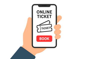 Poster - Hand holding a smartphone with an online ticket booking application on the screen. Concept of a mobile service for buying or reserving e-tickets for events, travel, or cinema.