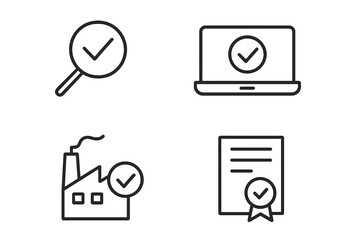 Poster - Quality control icon set. Line art symbols for inspection, product certification, standards, and approved production. Checkmark vector illustration for web, guarantee, and ISO.